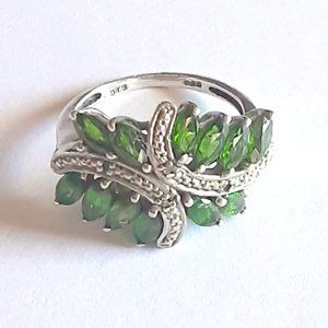 RUSSIAN CHROME DIOPSIDE CLUSTER RING w/DIAMOND ACCENT .925 SILVER